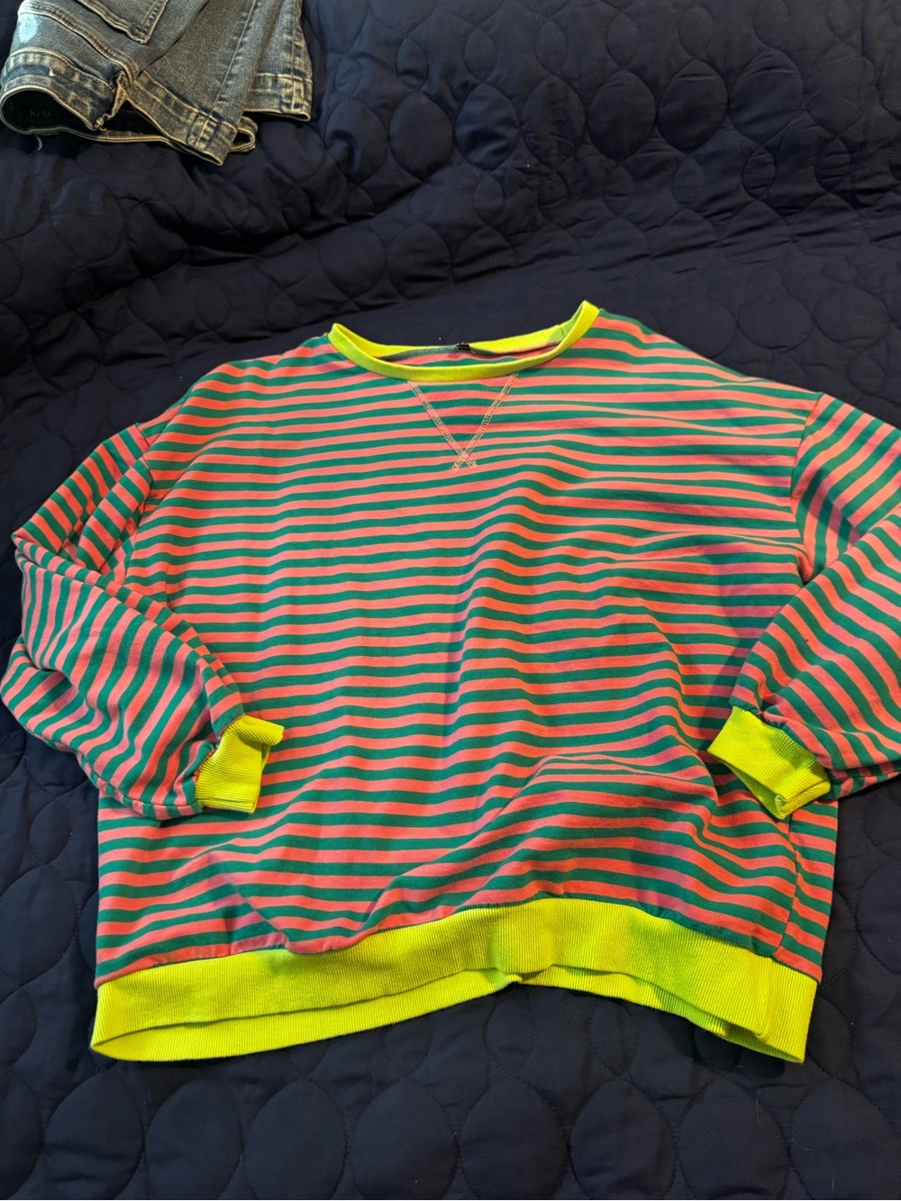 Source Unknown Green and Pink Striped Crewneck Sweatshirt with Neon Yellow Trim